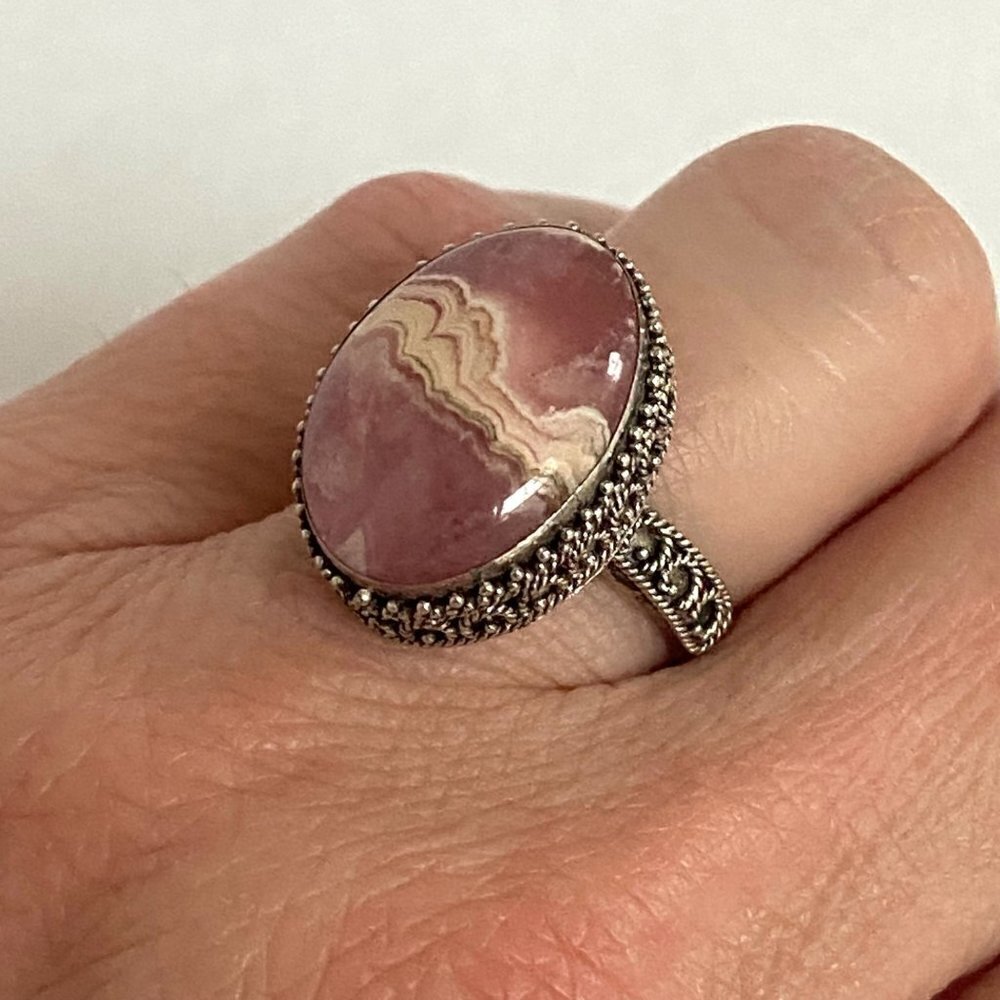 Sterling Silver 925 MNSN Oval Bezel Set Pink Rhodochrosite Cabochon Ring Sz 6.5 - Picture 11 of 16